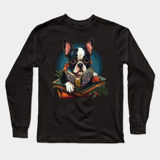 Boston Terrier Reads Book Long Sleeve T-Shirt